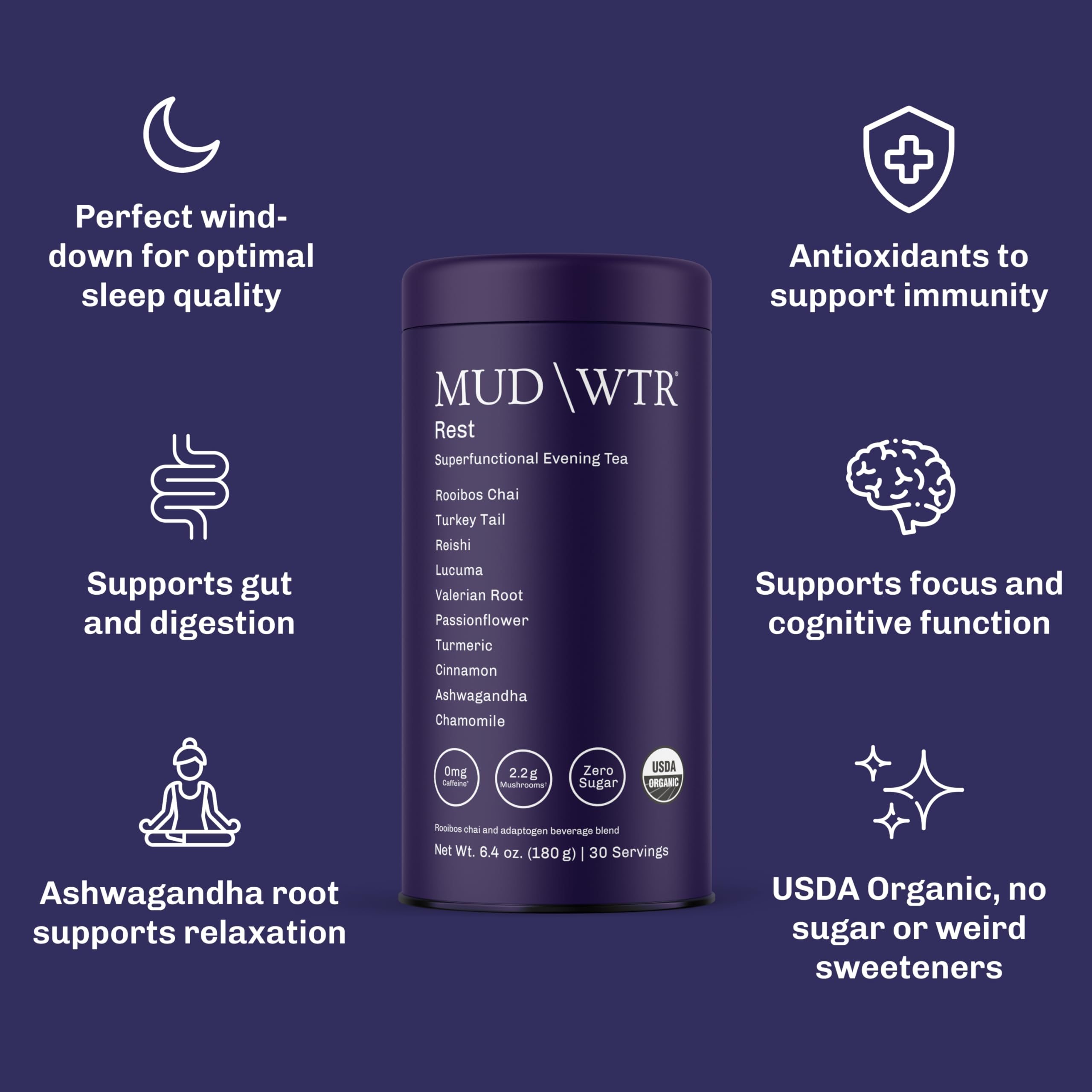 MUD\\WTR Rest rooibos chamomile flavor with floral notes for relaxation