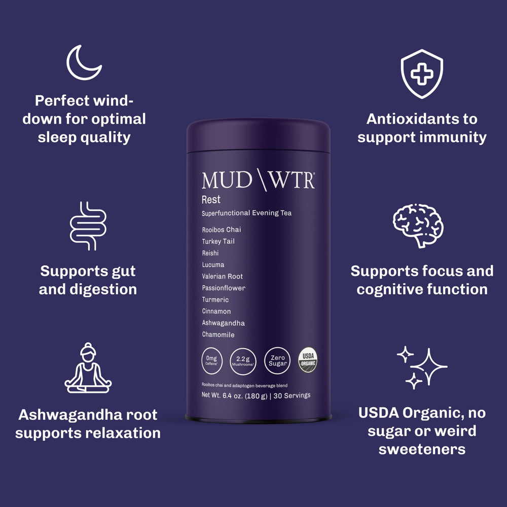 MUD\\WTR Rest rooibos chamomile flavor with floral notes for relaxation