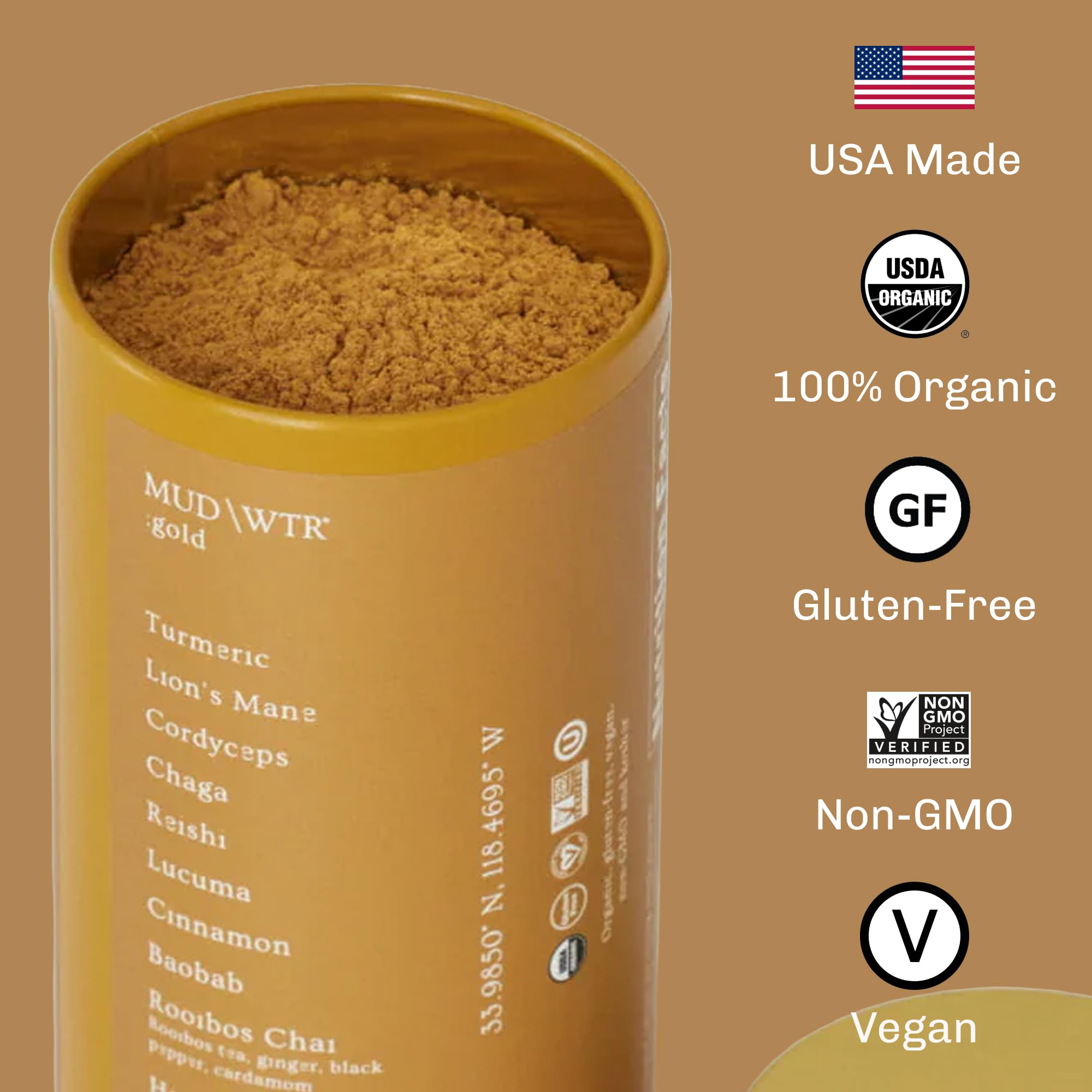 MUDWTR Turmeric Decaf includes 1840mg of functional mushrooms for balanced daily rituals.