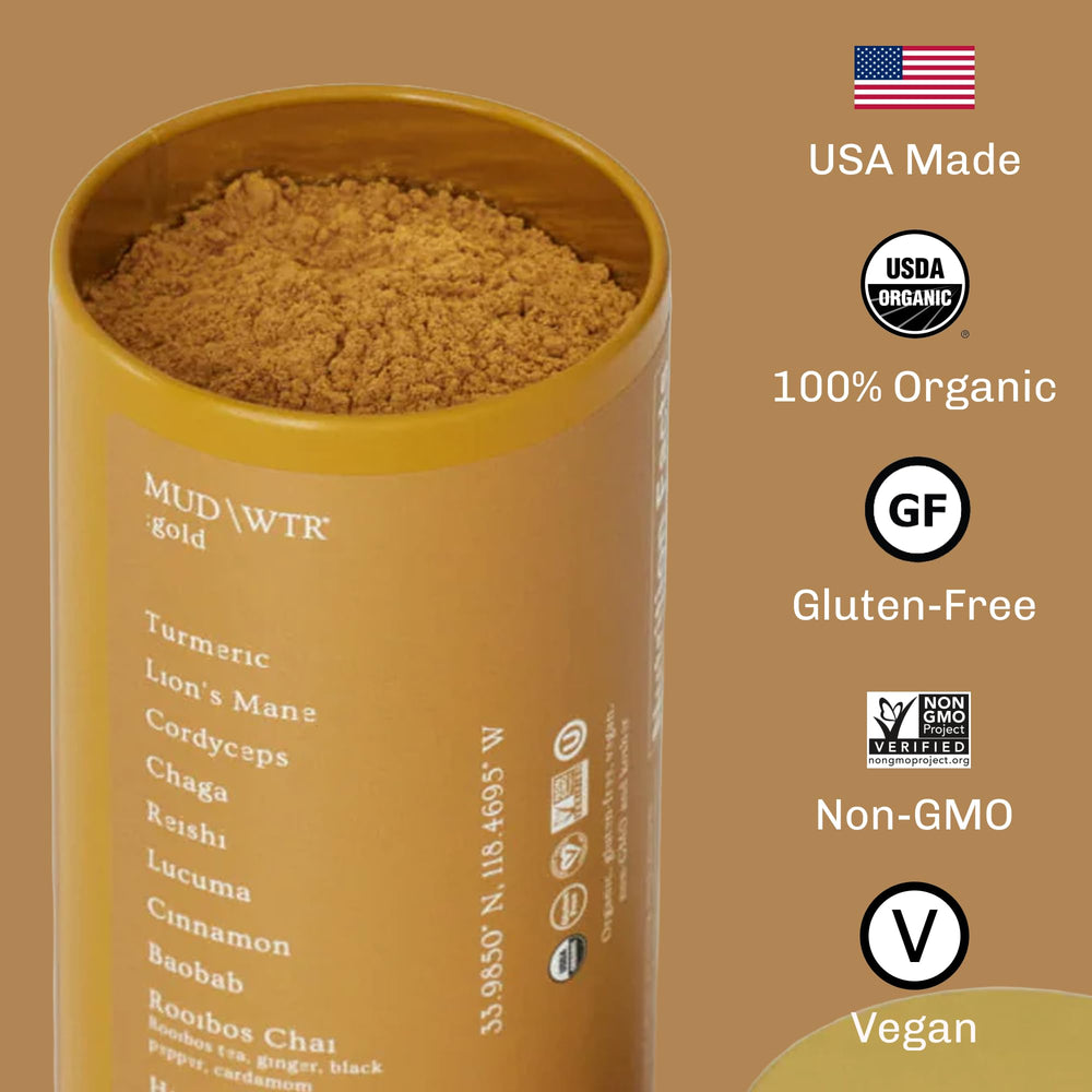 MUDWTR Turmeric Decaf includes 1840mg of functional mushrooms for balanced daily rituals.