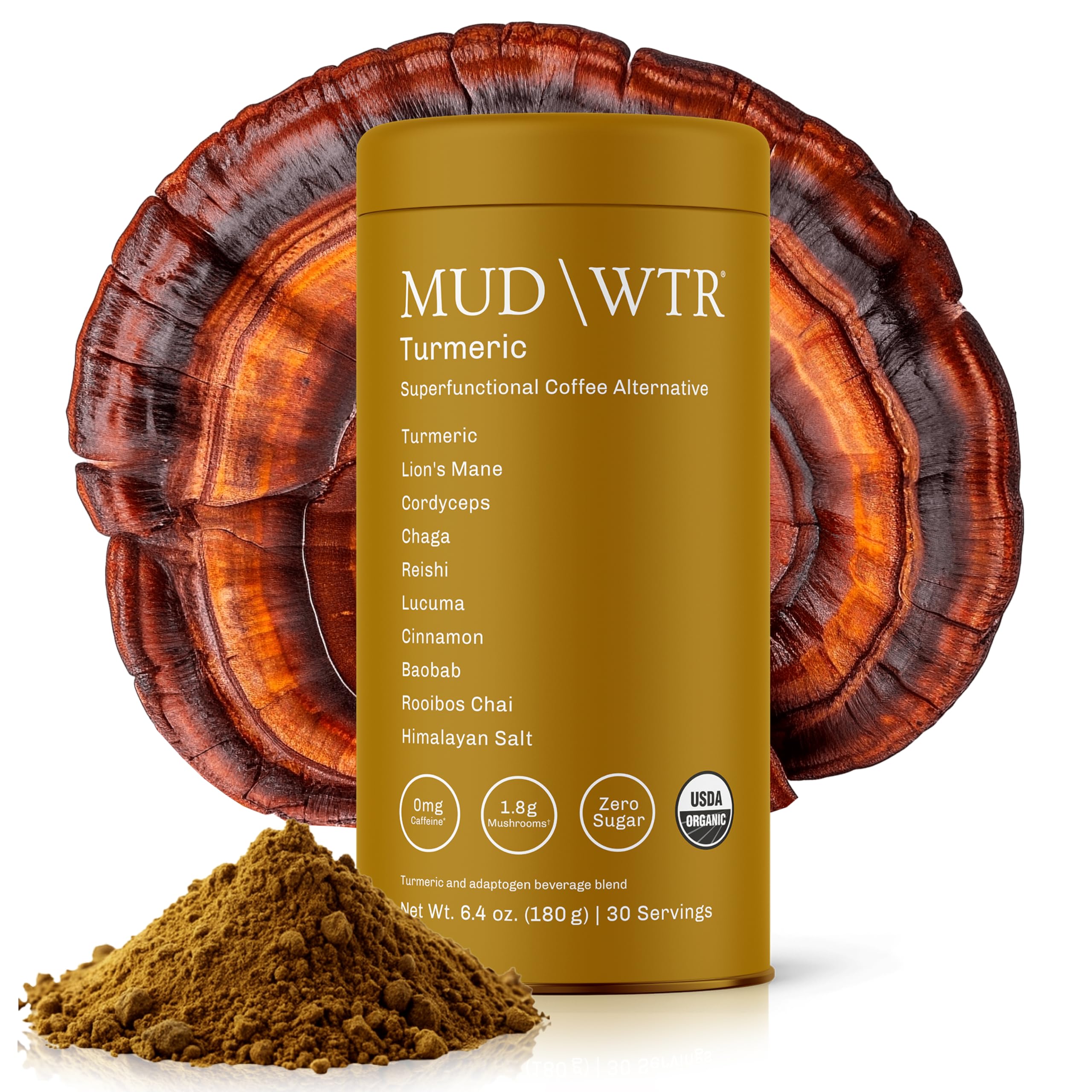 MUDWTR Turmeric Decaf bottle pouring brew for clean, focused energy without caffeine.