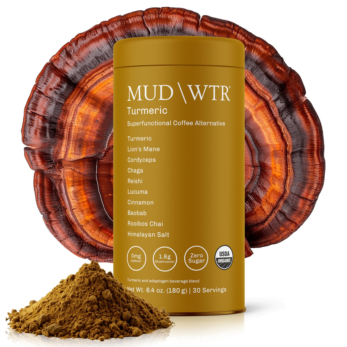 MUDWTR Turmeric Decaf bottle pouring brew for clean, focused energy without caffeine.