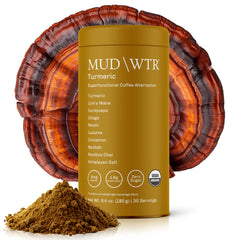 MUDWTR Turmeric Decaf bottle pouring brew for clean, focused energy without caffeine.