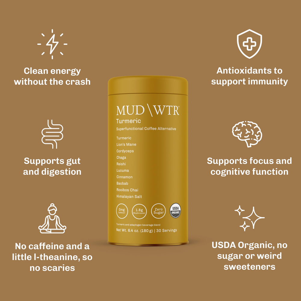 MUDWTR Turmeric Decaf mushroom blend contains Lions Mane, Chaga, Reishi for focus.