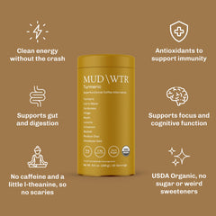 MUDWTR Turmeric Decaf mushroom blend contains Lions Mane, Chaga, Reishi for focus.