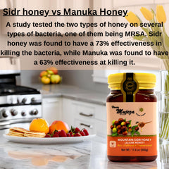 Mujeza Al Shifa amber honey close-up, unpasteurized and gluten-free for everyday use.