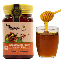 Mujeza Al Shifa authentic mountain Sidr honey jar on table, smooth natural sweetness for tea and toast.