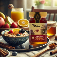 Mujeza Al Shifa raw liquid honey pour captures unheated texture ideal for on-the-go use.