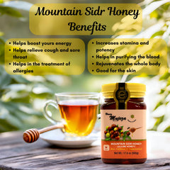 Mujeza Al Shifa raw Sidr honey pour over a spoon, unaltered texture and natural sweetness.