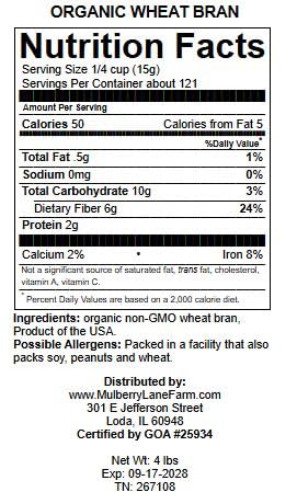 GOA-certified organic Mulberry Lane Farms wheat bran seal on packaging.