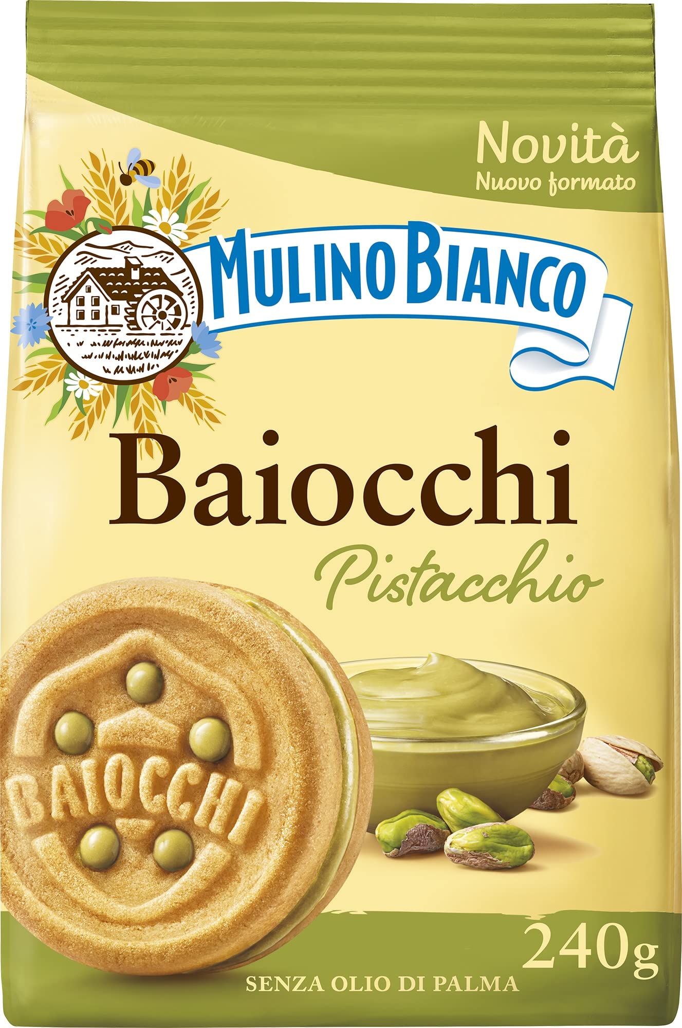 Mulino Bianco Baiocchi al Pistacchio packaging for 240g snack, ideal for daily use