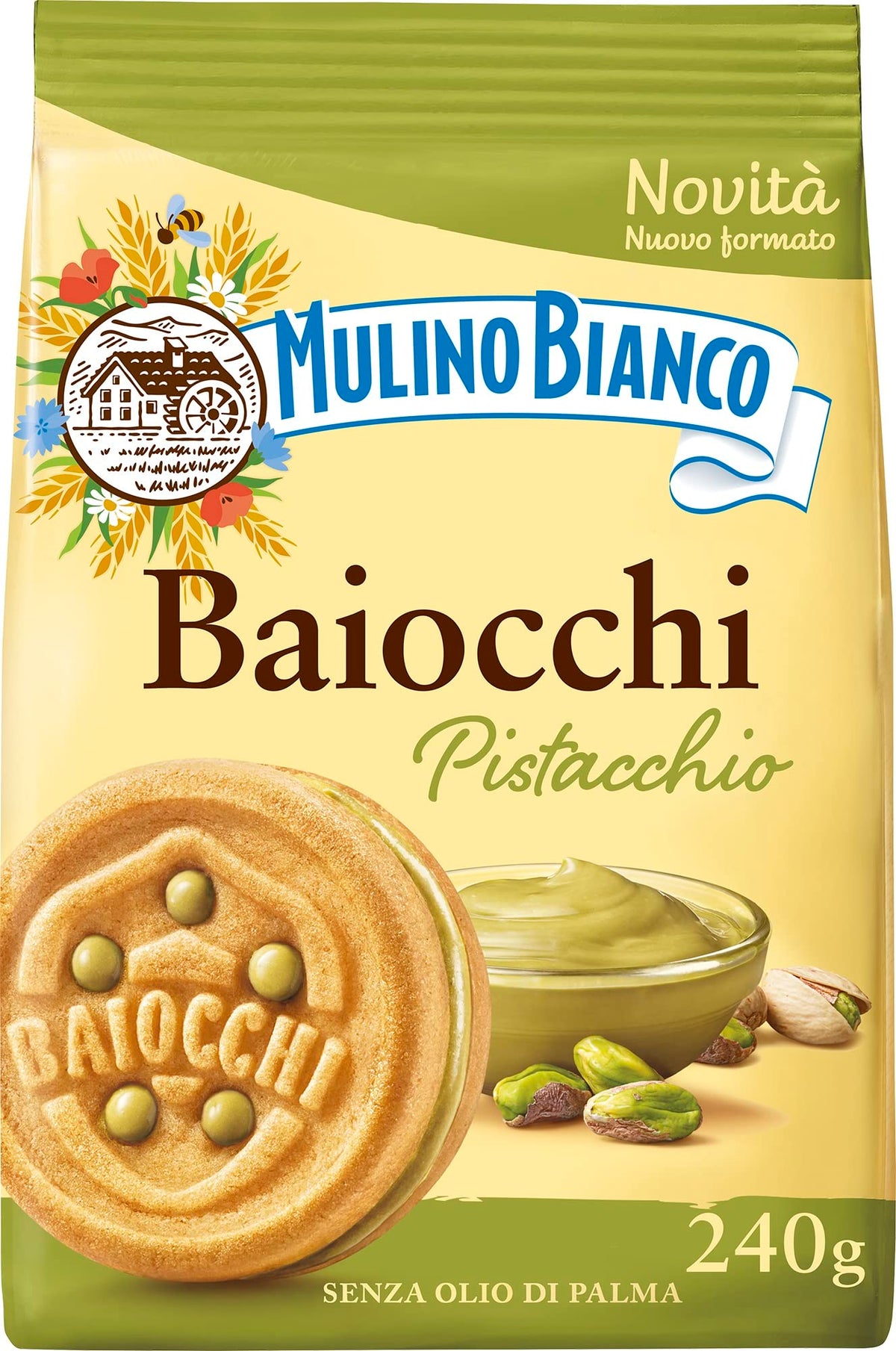 Mulino Bianco Baiocchi al Pistacchio packaging for 240g snack, ideal for daily use