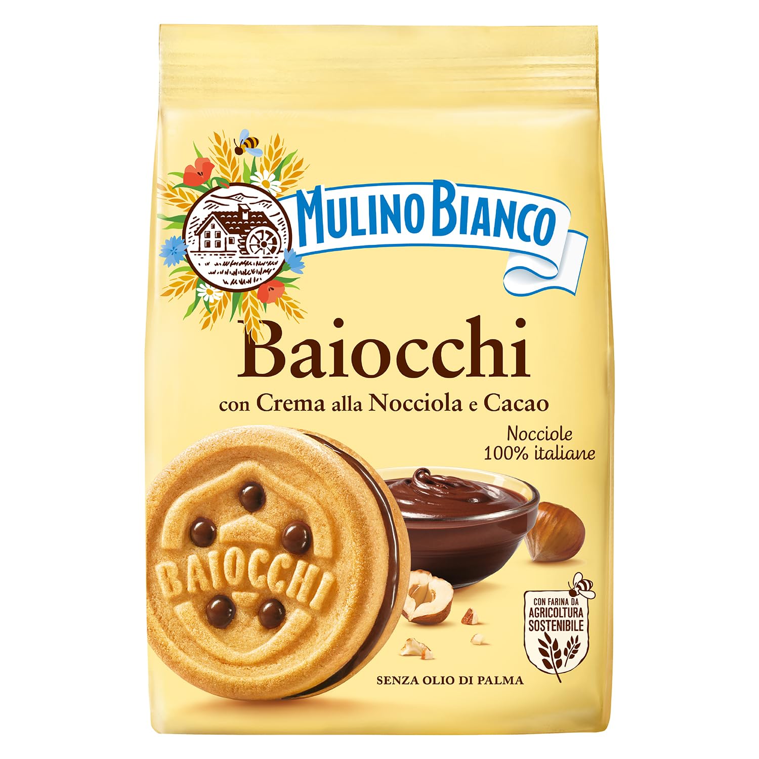 Mulino Bianco Baiocchi cookies show two crisp biscuits with chocolate hazelnut cream, ideal with coffee.