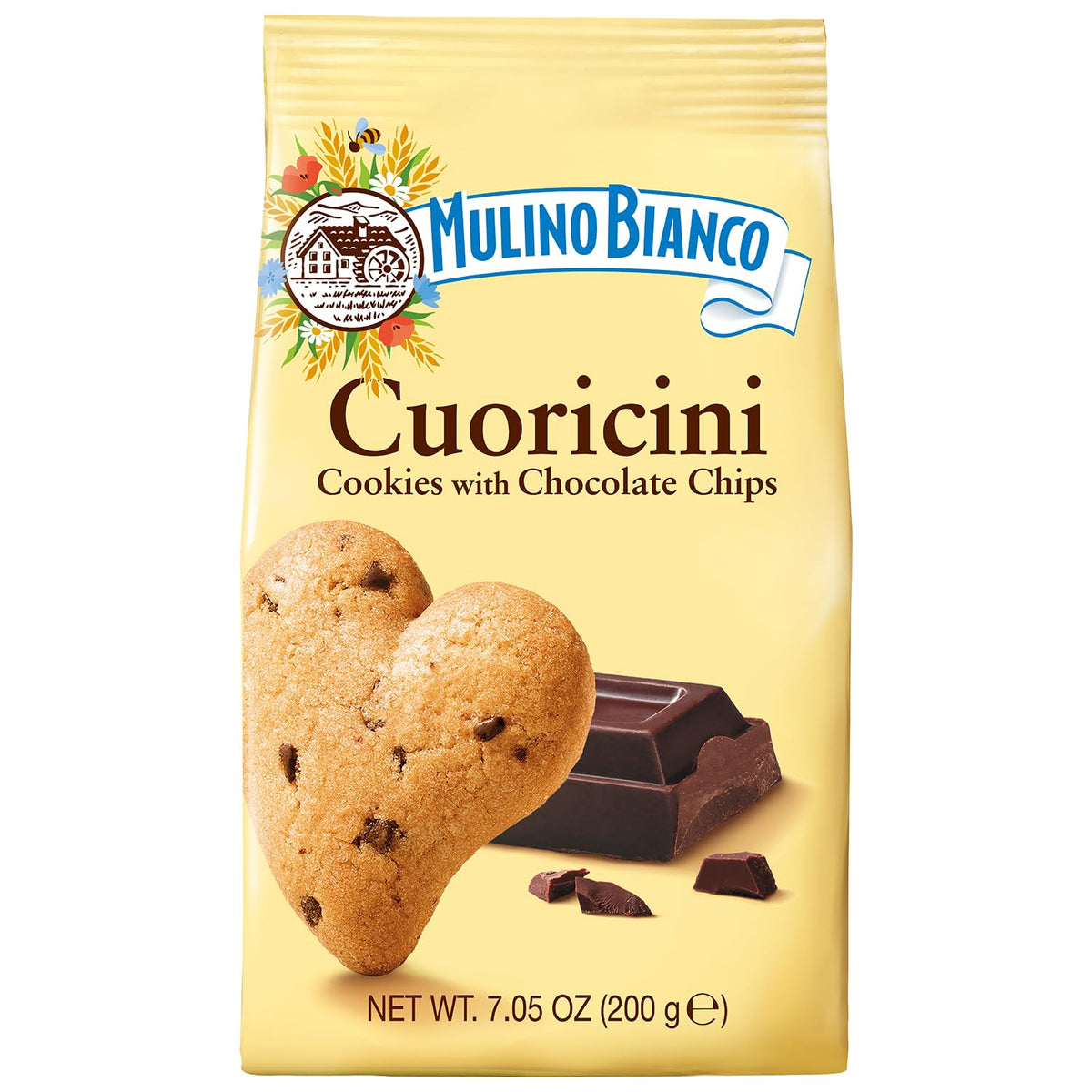 Mulino Bianco Cuoricini heart-shaped cookies with chocolate chips, ideal for a cozy afternoon treat.