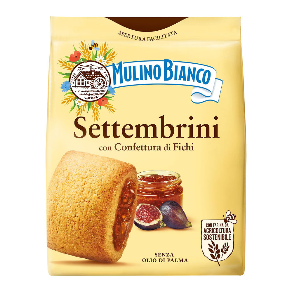 Mulino Bianco Settembrini packaging on display, highlighting Italian origin and natural ingredients.