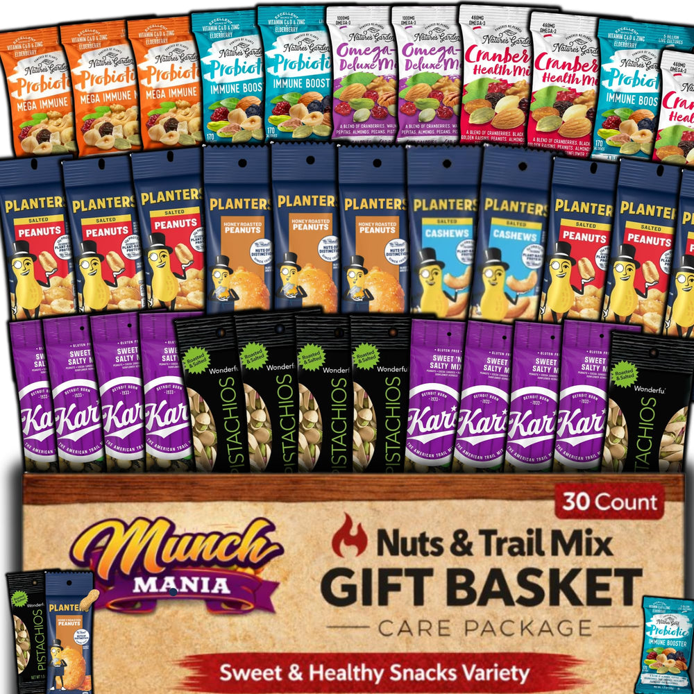 Munch Mania gift basket with trail mix snacks, ideal for gifting and office snacking.