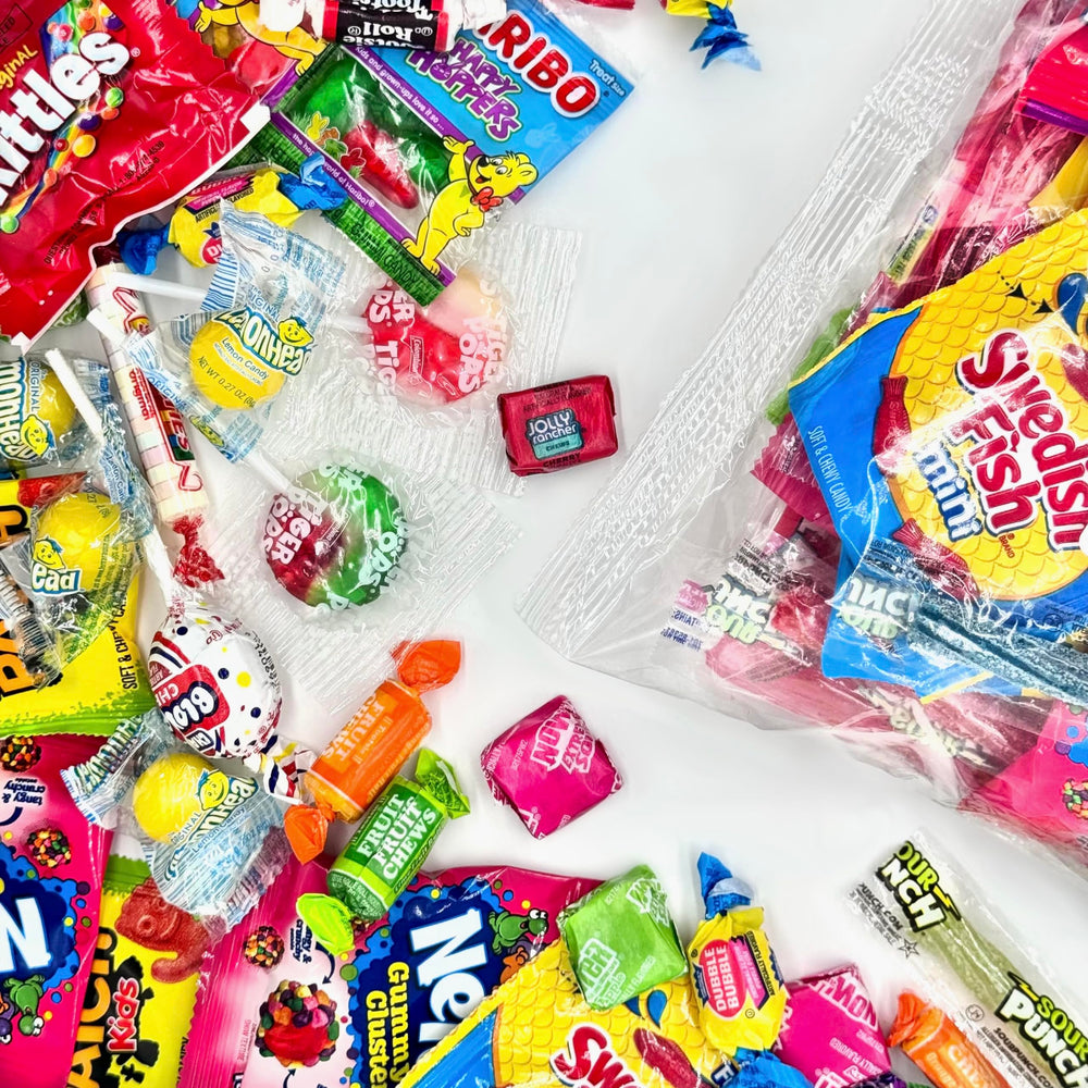 Munchbox party favors display colorful candies for party bags and gifts.