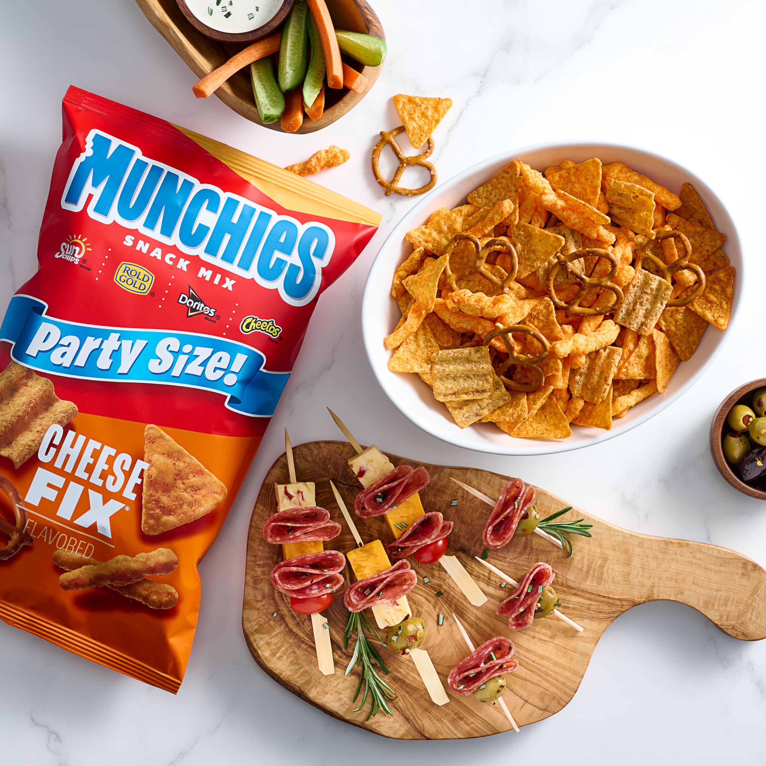 Munchies Cheese Fix shows a mix of Sun Chips, Doritos, Rold Gold, and Cheetos.