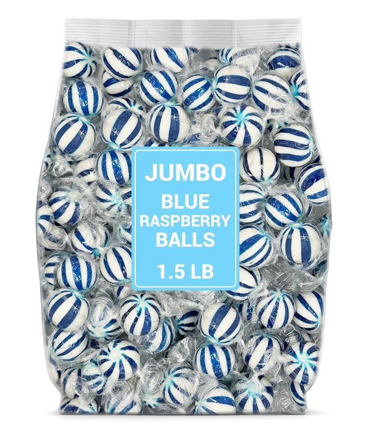 Munchique blue raspberry balls with blue and white stripes, ideal party display and candy bowl filler.