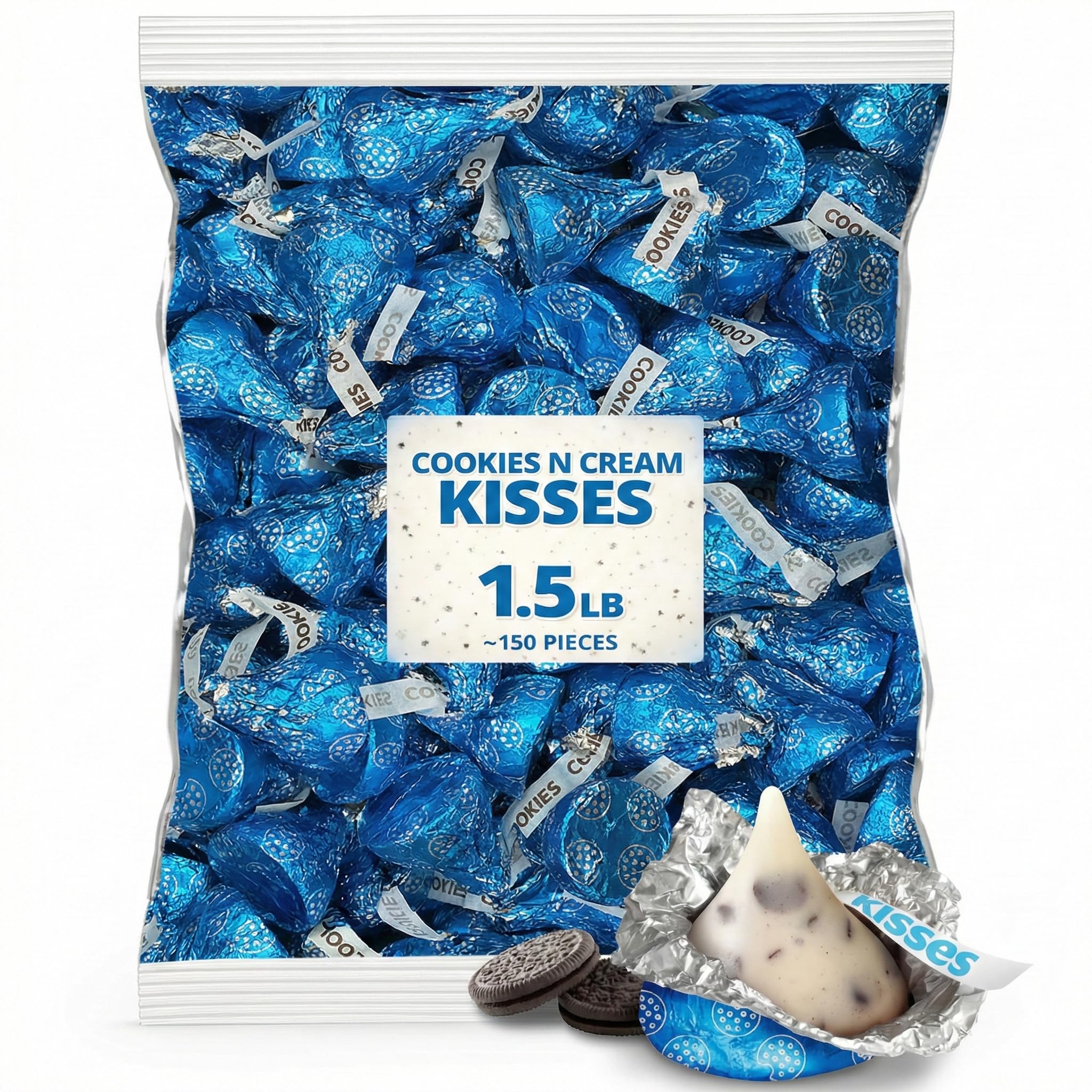 Munchique Cookies and Cream Kisses bulk bag, 150 pieces for parties and dessert tables.