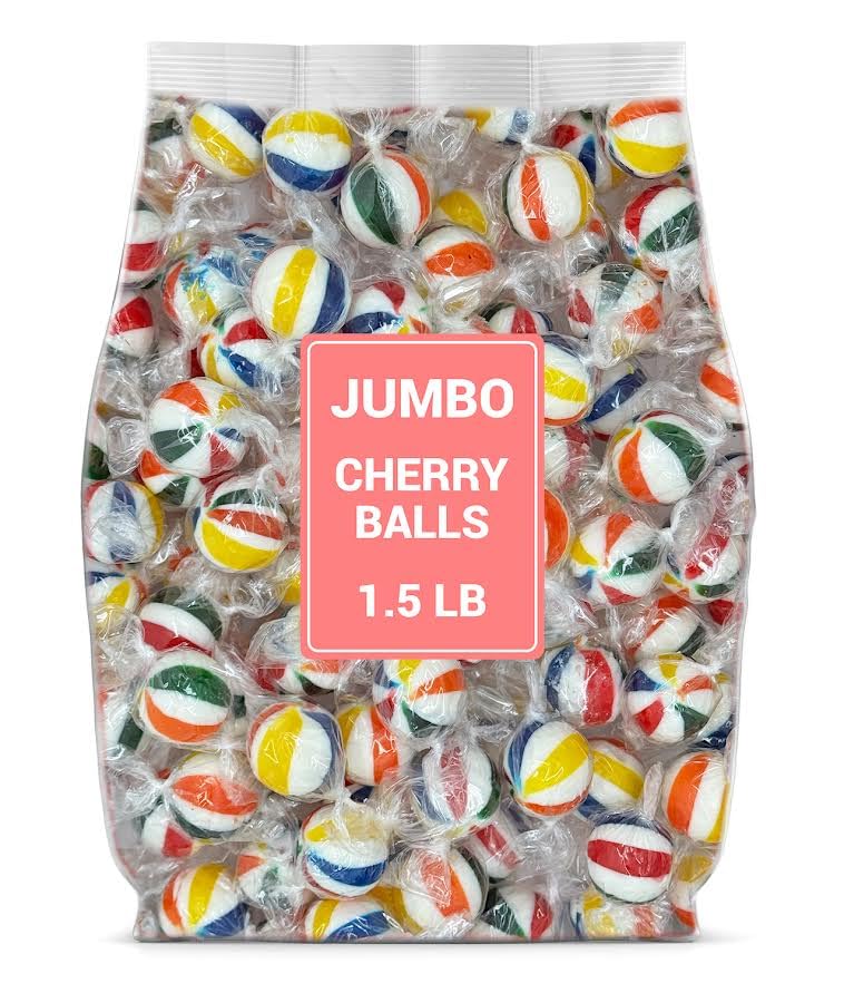Munchique Jumbo Cherry Balls in a bag with red color swirl, ideal for party favors and stocking stuffers.