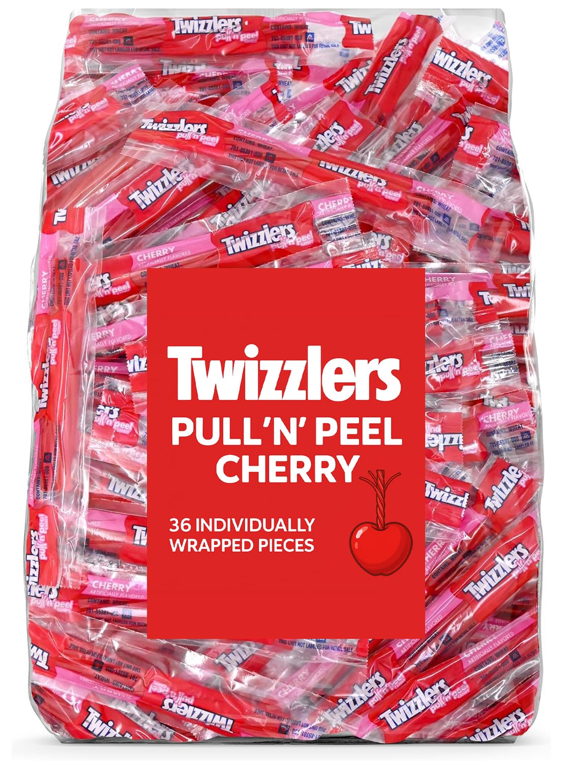 Munchique Pullin Peel Cherry Licorice Candy 36-count pack, individually wrapped for fresh, on-the-go snacking.