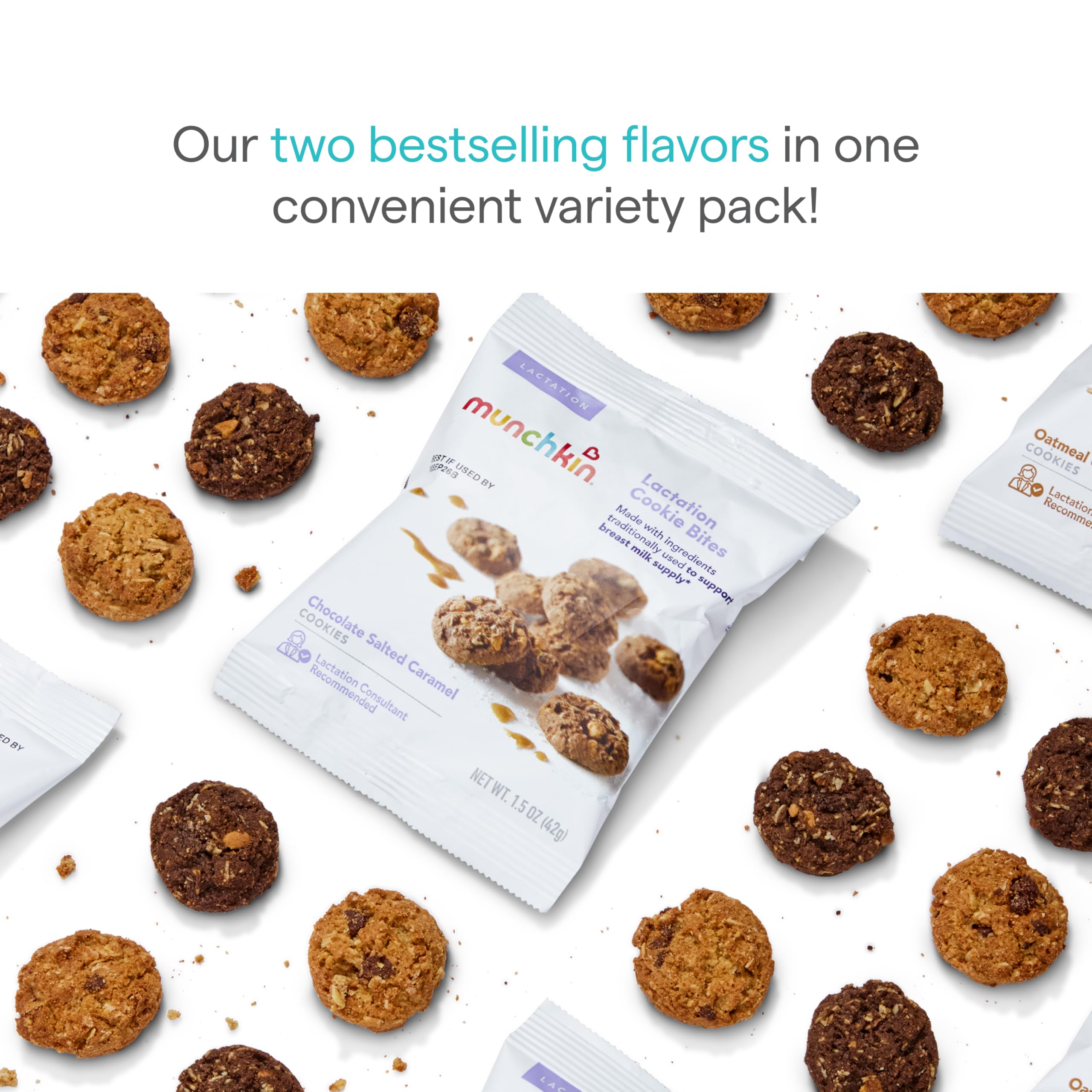 Munchkin Lactation Cookie Bites on-the-go pouches, perfect for busy pumping routines.