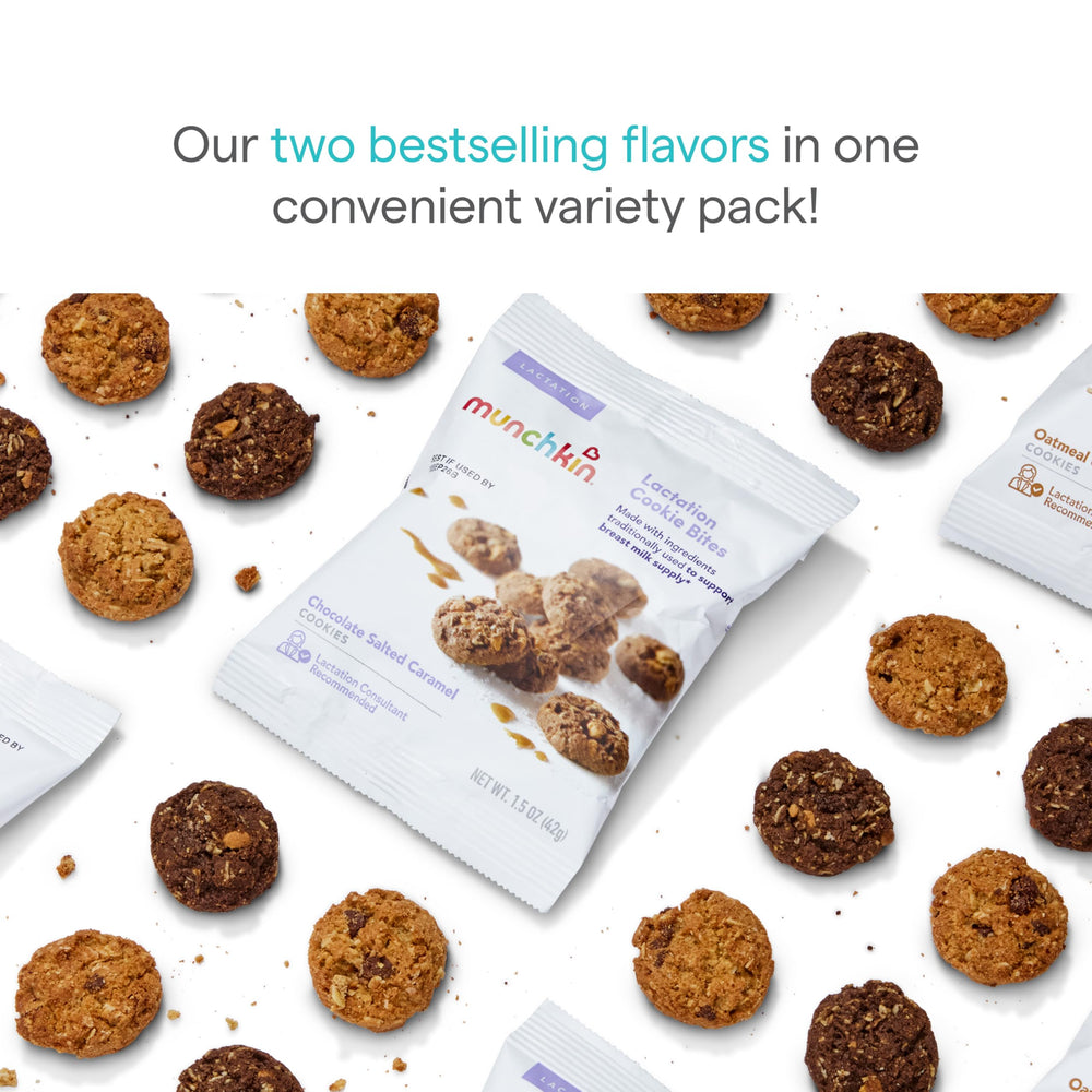 Munchkin Lactation Cookie Bites on-the-go pouches, perfect for busy pumping routines.