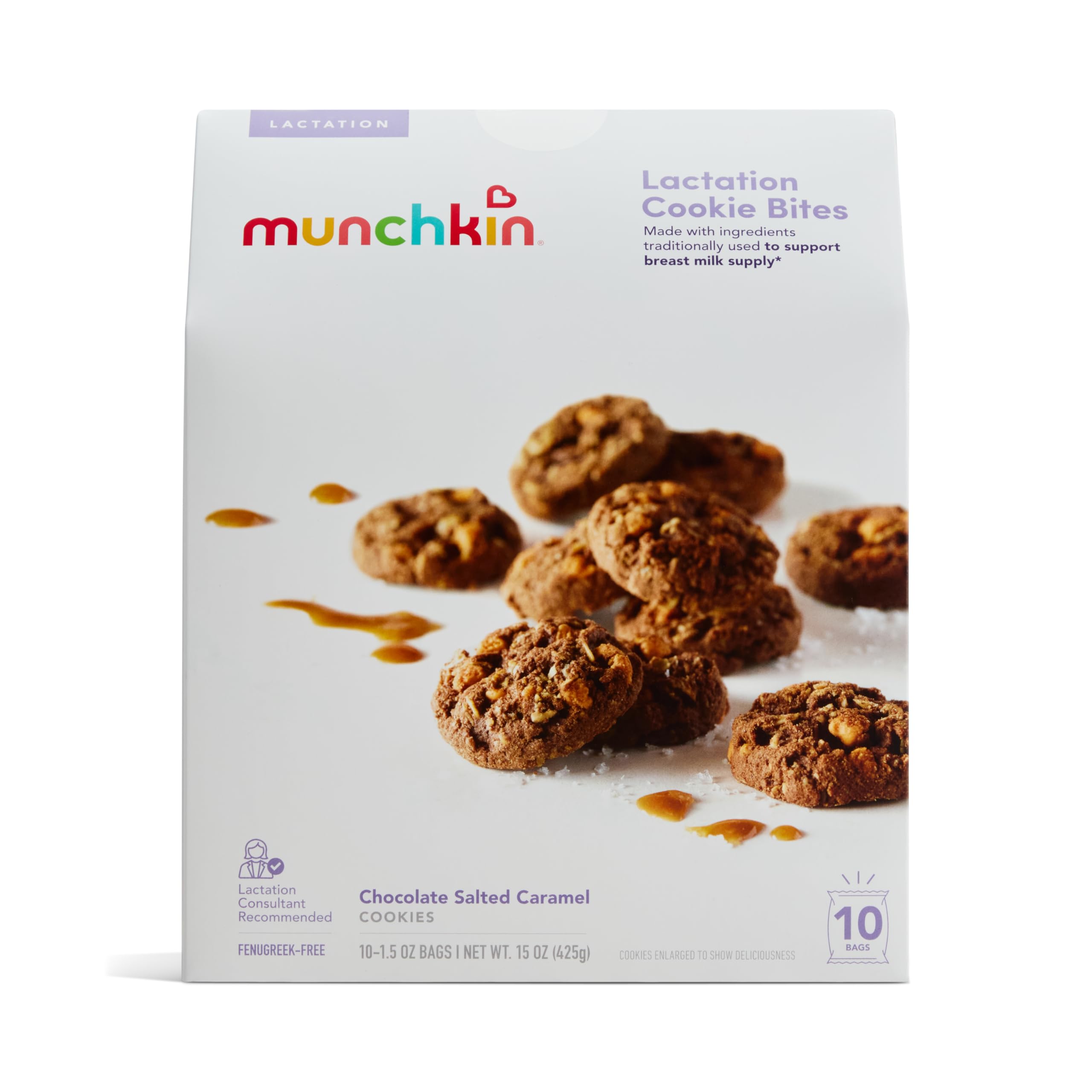 Munchkin Milkmakers chocolate salted caramel cookie bites box, tasty lactation snack for busy days