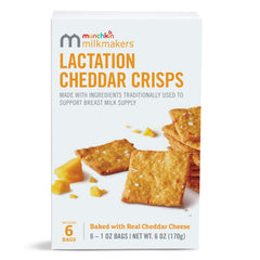 Munchkin Milkmakers Lactation Cheddar Crisps 6-count pack ready to snack on the go.