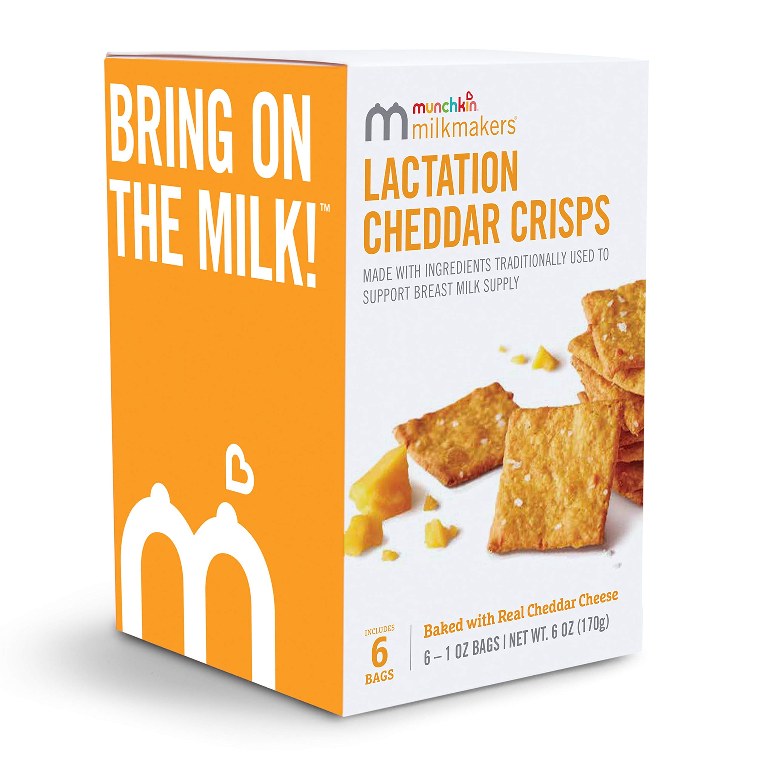 Munchkin Milkmakers Lactation Cheddar Crisps grab‑and‑go snack for busy days.