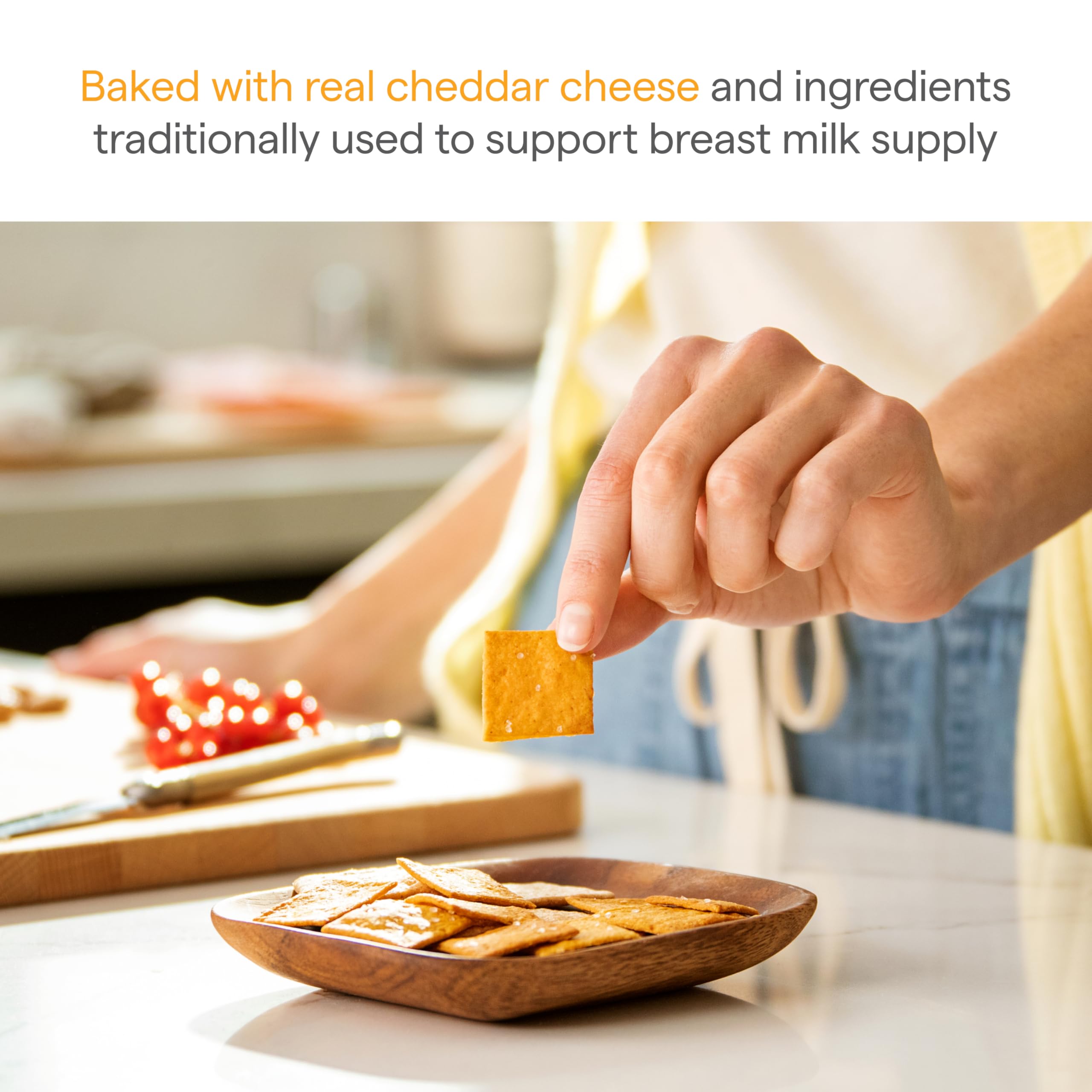 Munchkin Milkmakers Lactation Cheddar Crisps real cheddar flavor appeals to savory snack lovers.