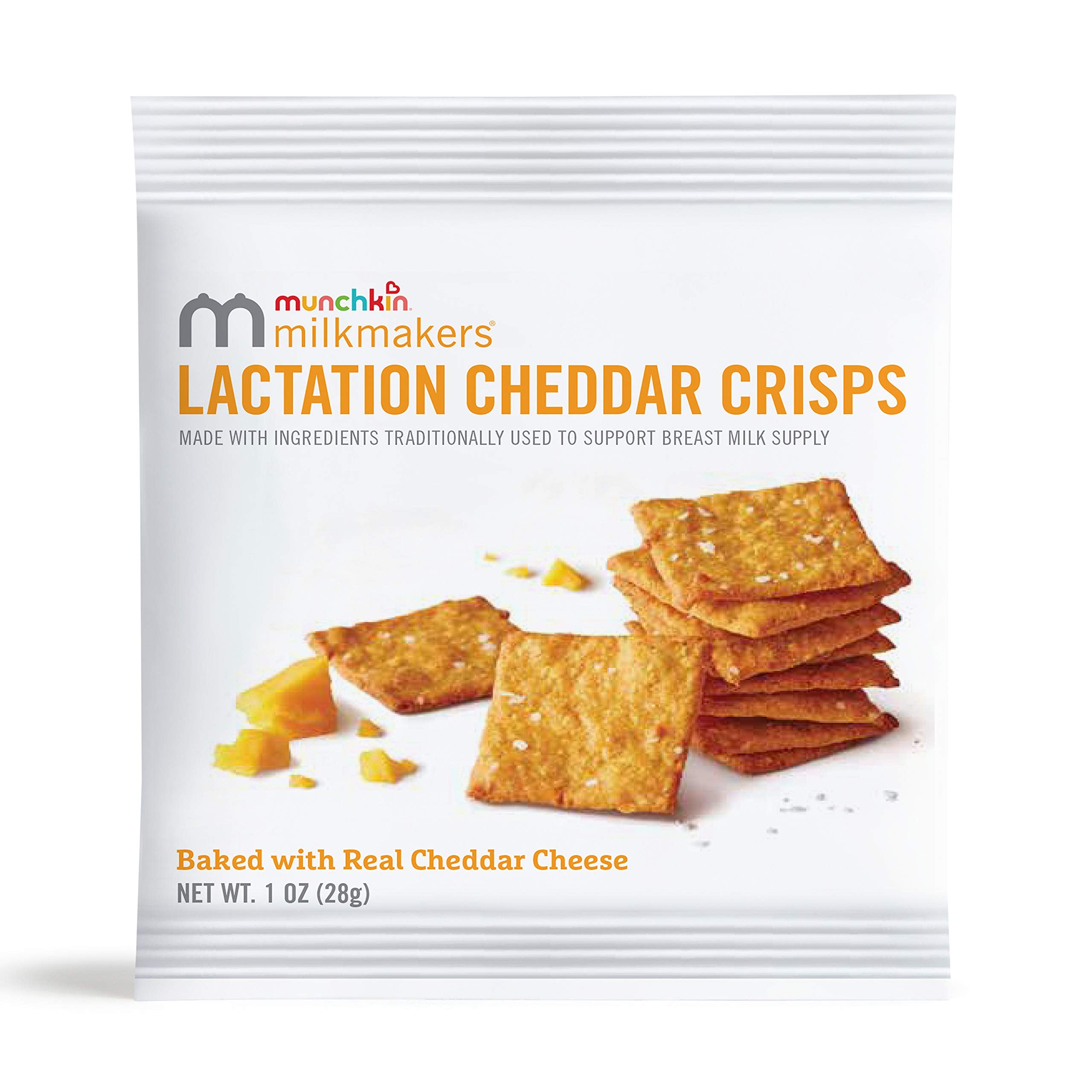 Munchkin Milkmakers Lactation Cheddar Crisps six 1oz single‑serve bags for easy packing.