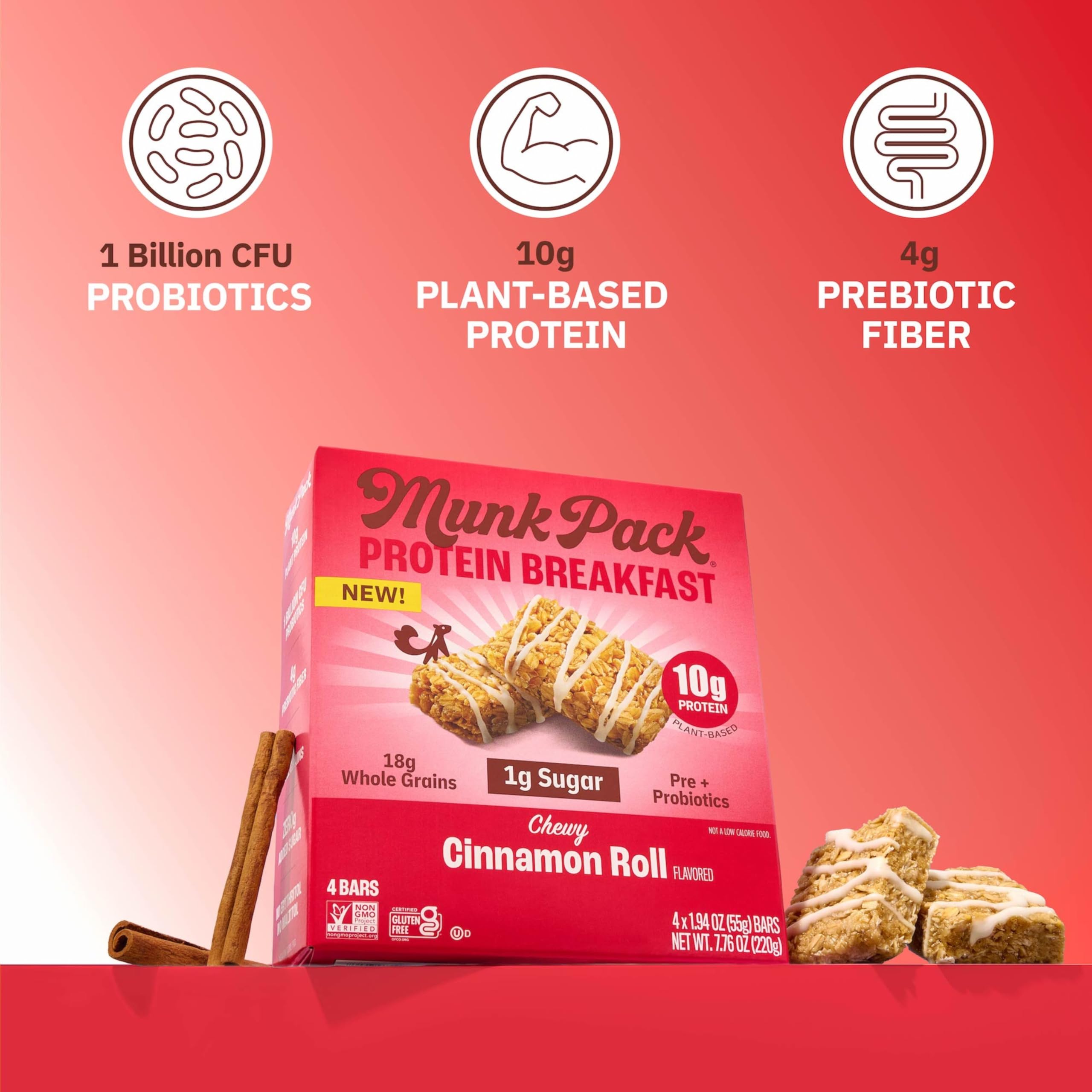 Munk Pack Cinnamon Roll Probiotic Bar on-the-go snack, ideal for busy mornings