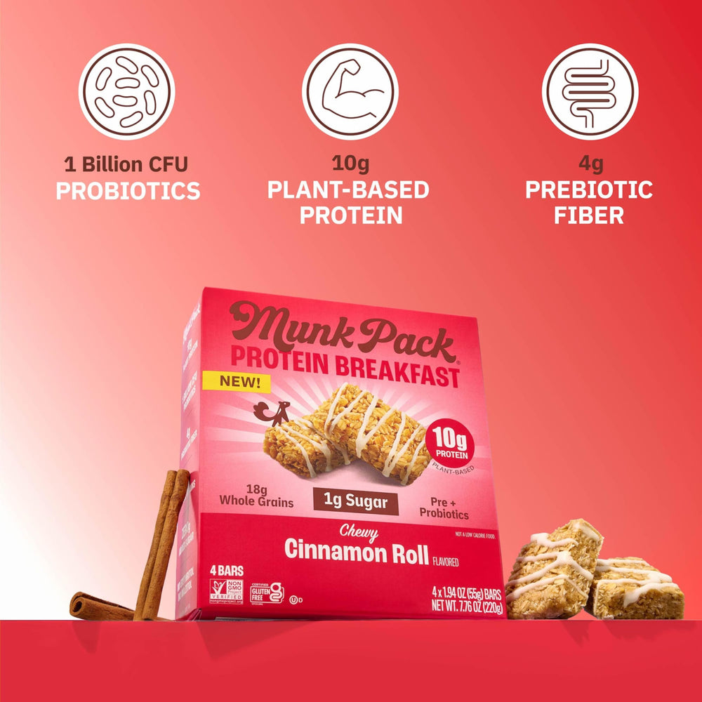 Munk Pack Cinnamon Roll Probiotic Bar on-the-go snack, ideal for busy mornings