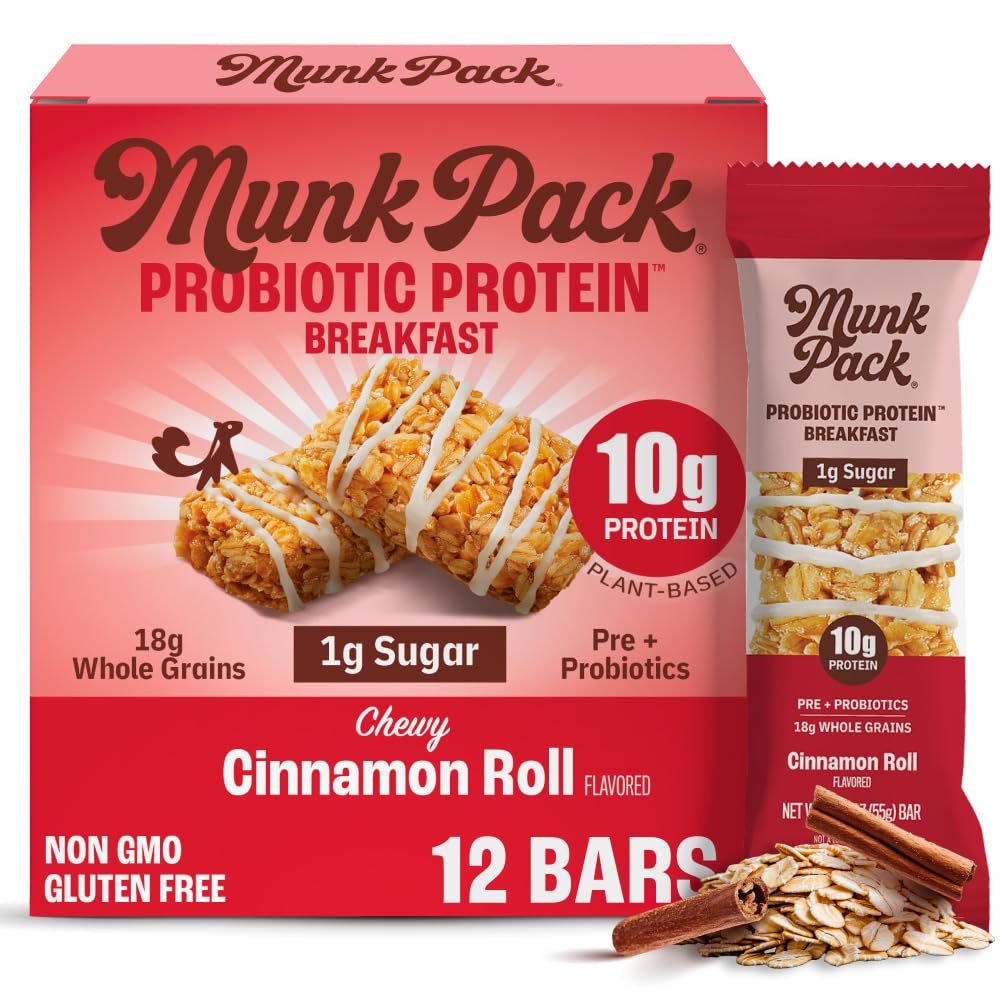 Munk Pack Cinnamon Roll Probiotic Bar packshot, gluten-free on-the-go breakfast