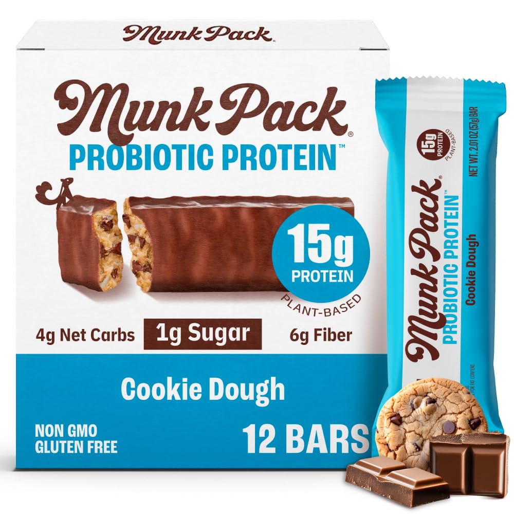 Munk Pack Cookie Dough Probiotic Bar pack image showing convenient on-the-go snack with 15g protein