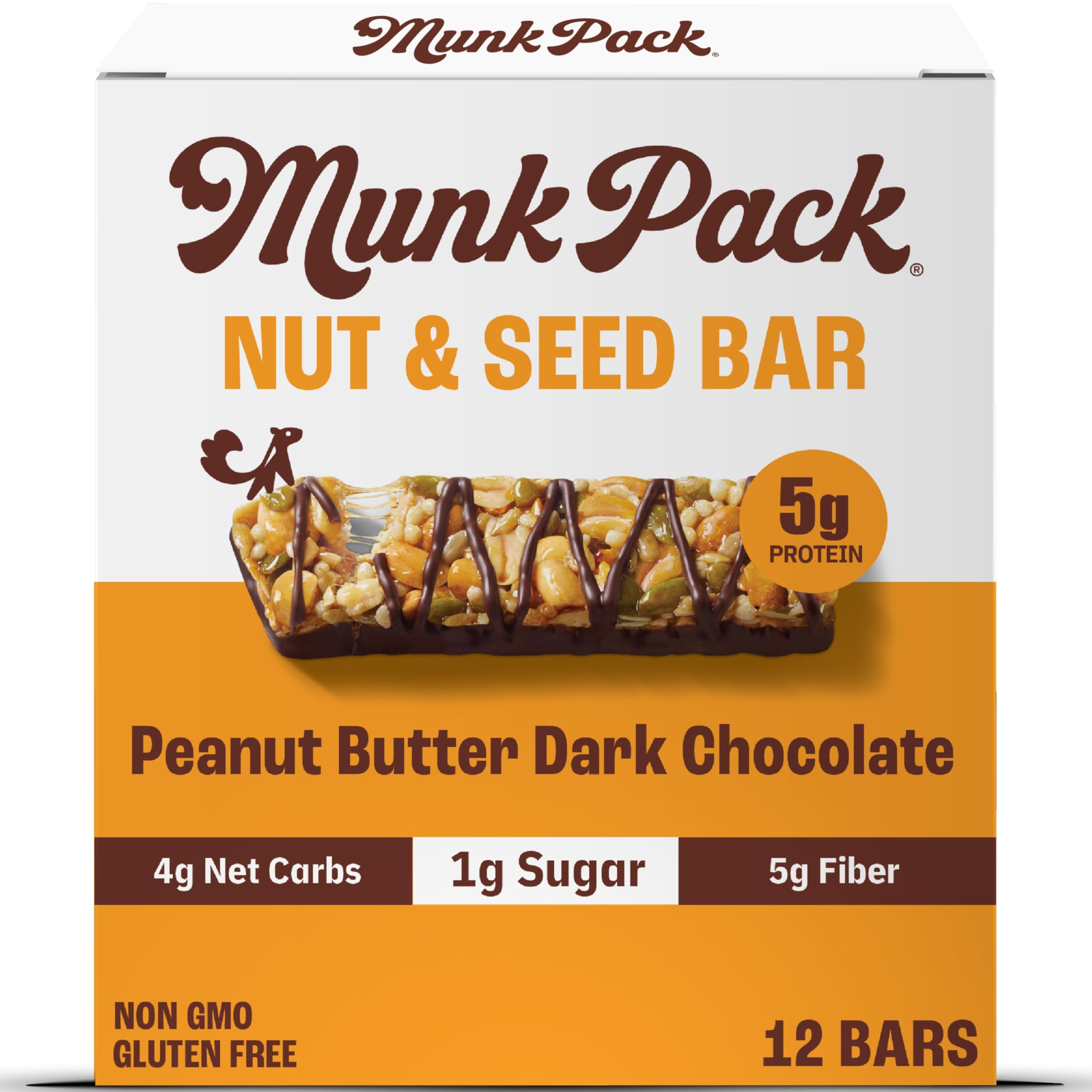 Munk Pack Nut & Seed Bars Peanut Butter Dark Chocolate packaging display, convenient gluten-free snack.
