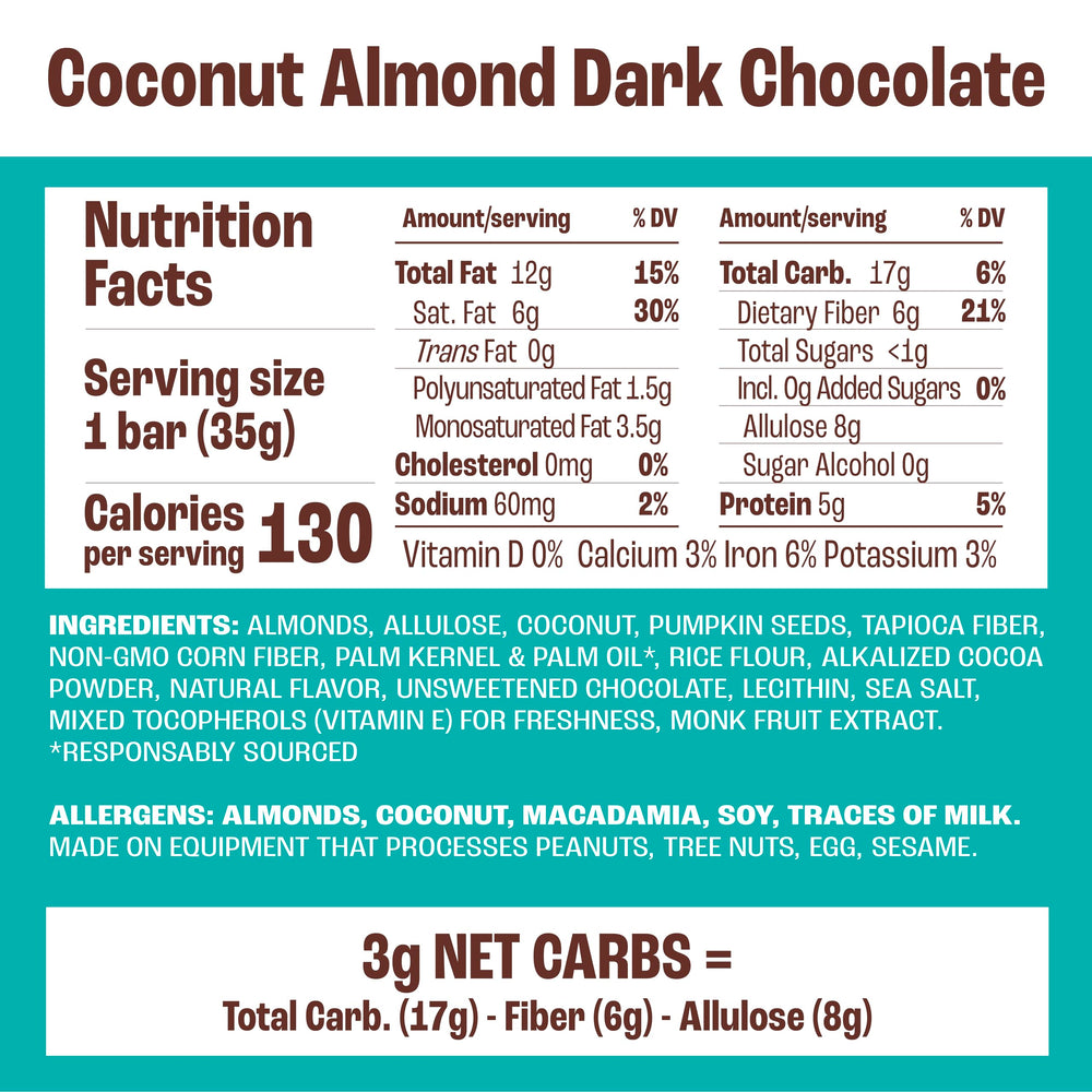 Close-up of ingredients in Munk Pack Coconut Almond Dark Chocolate bar showing nuts and seeds