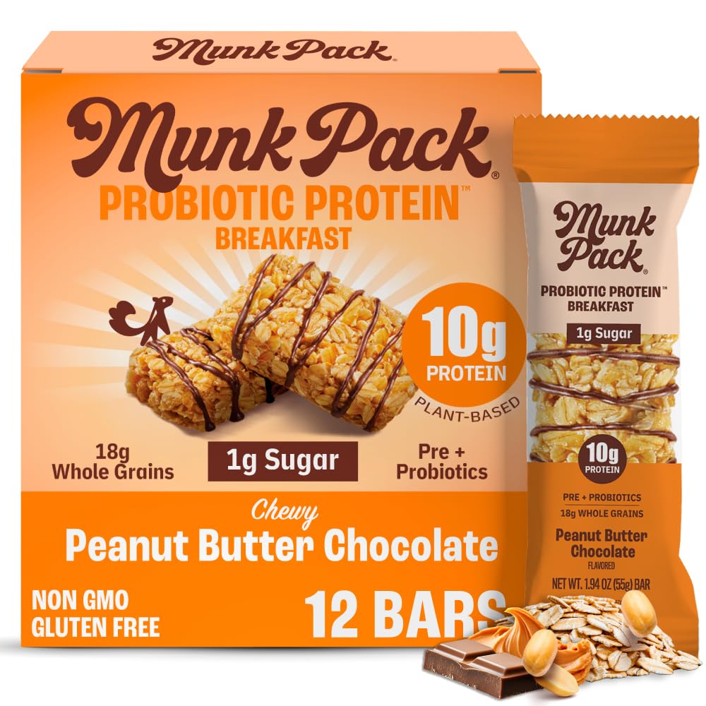 Munk Pack Peanut Butter Probiotic Bar packaging close-up shows gluten-free breakfast option.