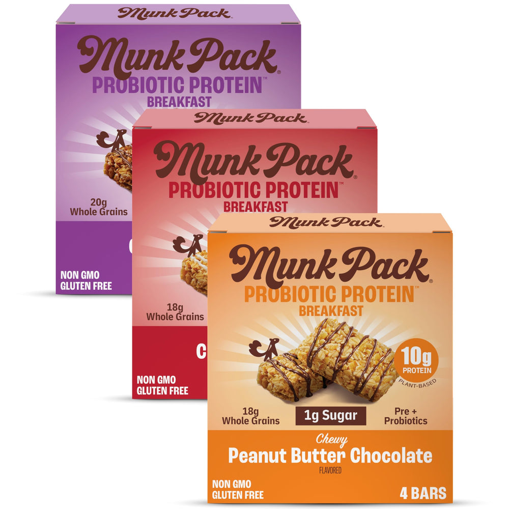 Munk Pack probiotic bars displayed on the box front for grab-and-go breakfast.