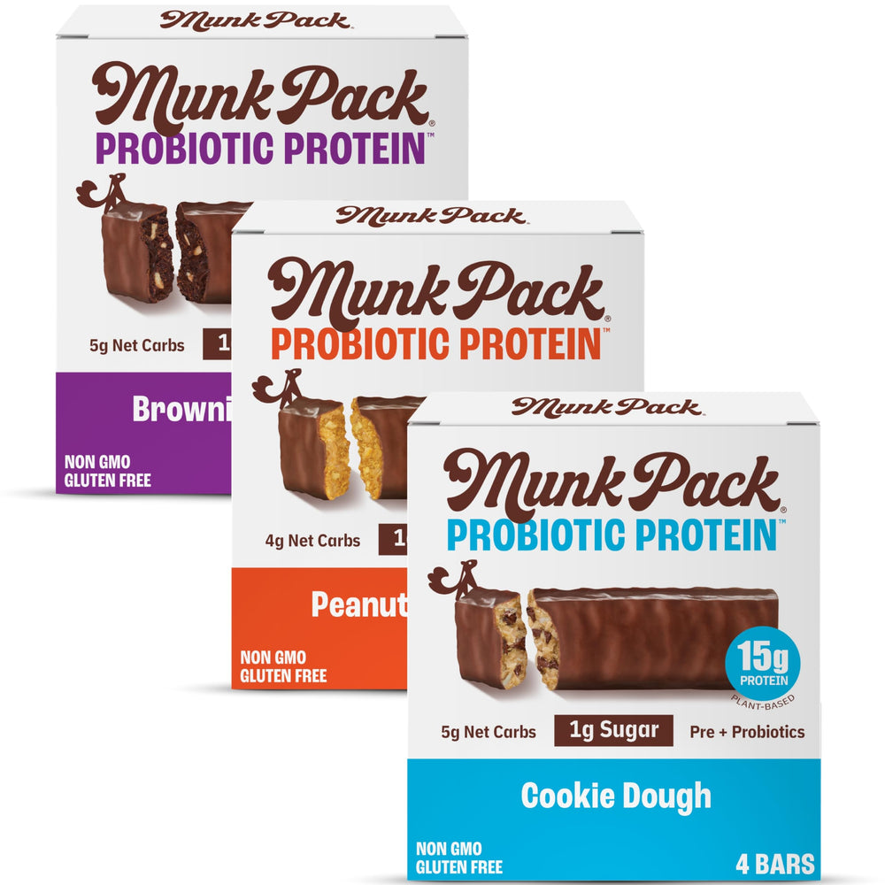Munk Pack probiotic bars box highlighting 12-pack set and gut-friendly profile