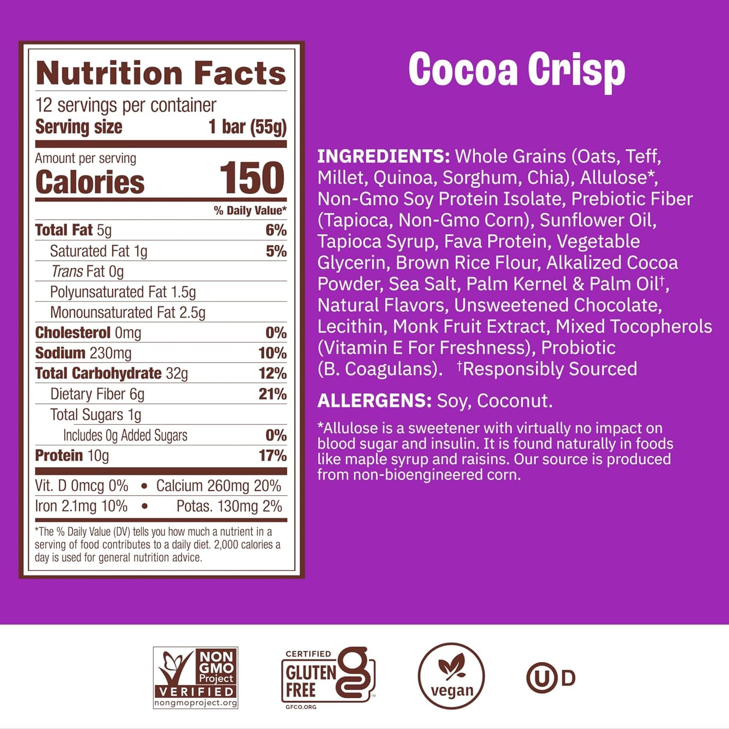 Packaging close-up highlighting gluten-free claim and fiber content.