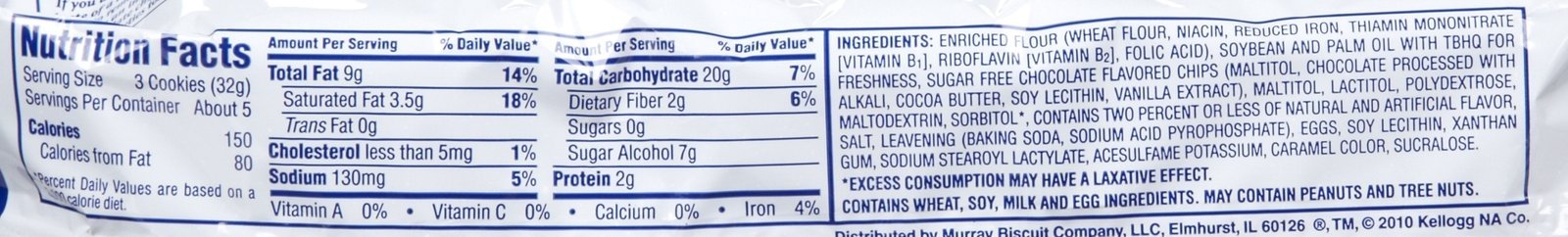 Murray Sugar-Free Chocolate Chip Cookies pack shot highlighting portion-friendly treat.