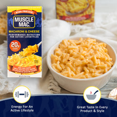 Muscle Mac prepared-dish displays creamy, protein-rich mac and cheese ready in minutes.