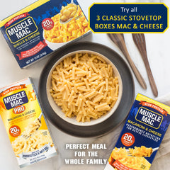 Muscle Mac protein-source-closeup emphasizes the high-protein blend for active meals.