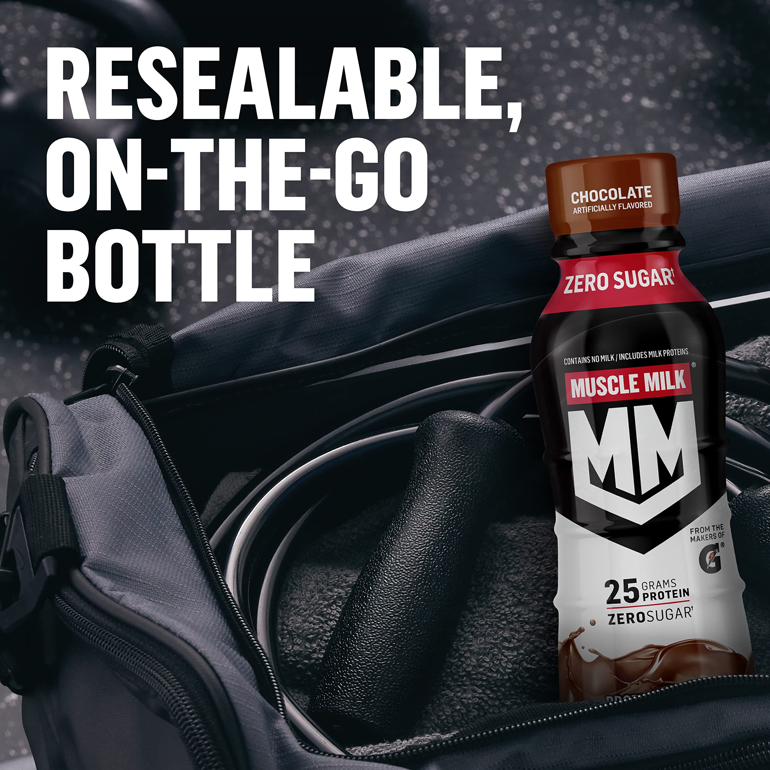 Muscle Milk Genuine Protein Shake bottle with nutrition info and ingredients