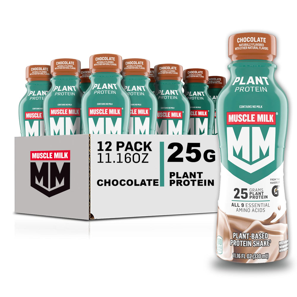 Muscle Milk Plant Based Protein Shake chocolate bottle ready for post-workout sip.
