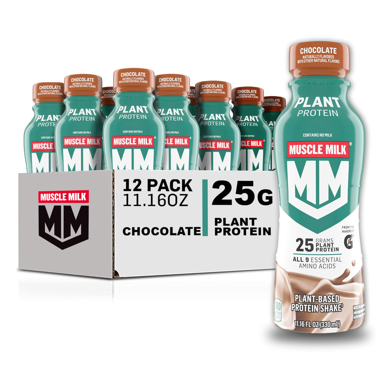 Muscle Milk Plant Based Protein Shake chocolate bottle ready for post-workout sip.