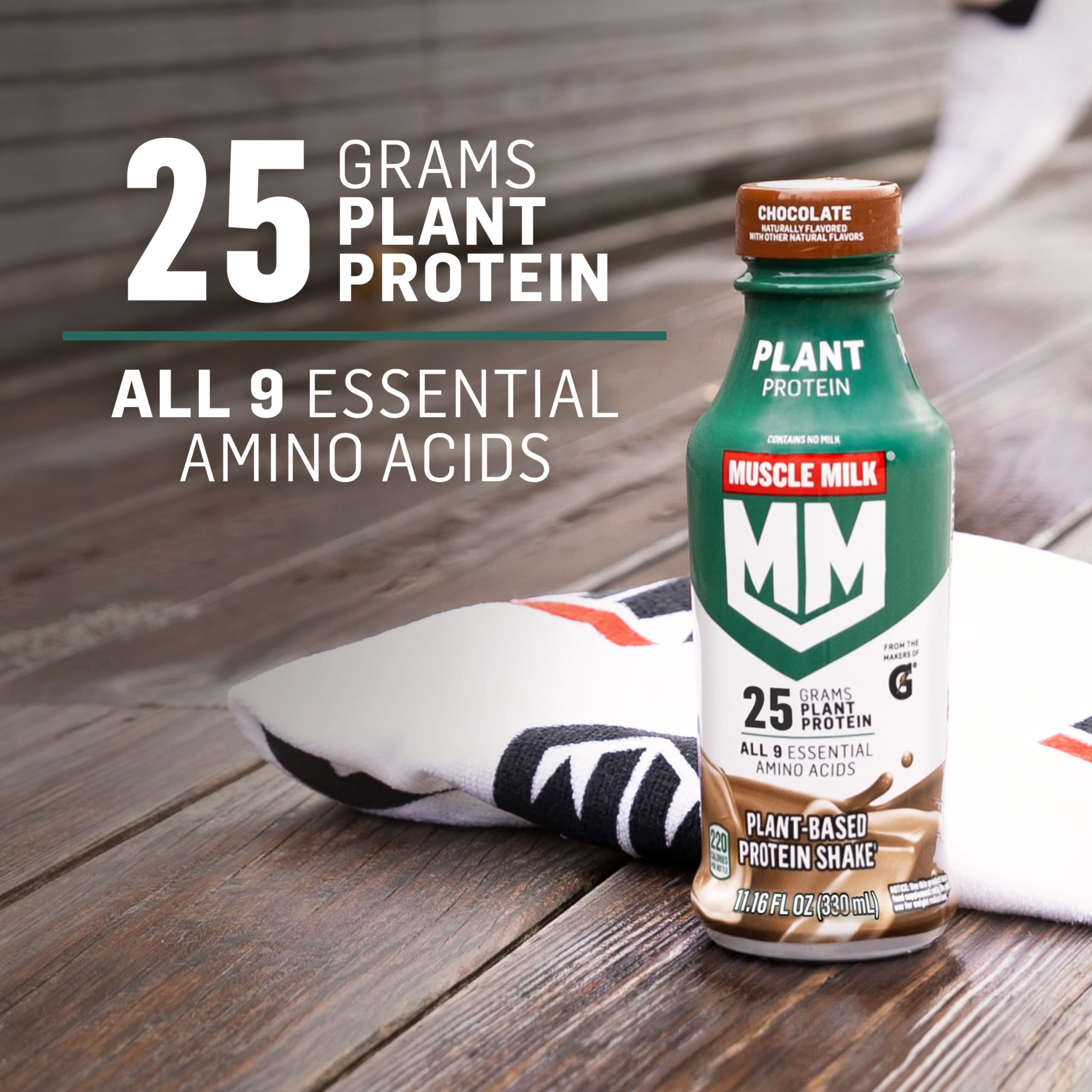 Close-up of Muscle Milk Plant Based Protein Shake label highlighting 25g protein.